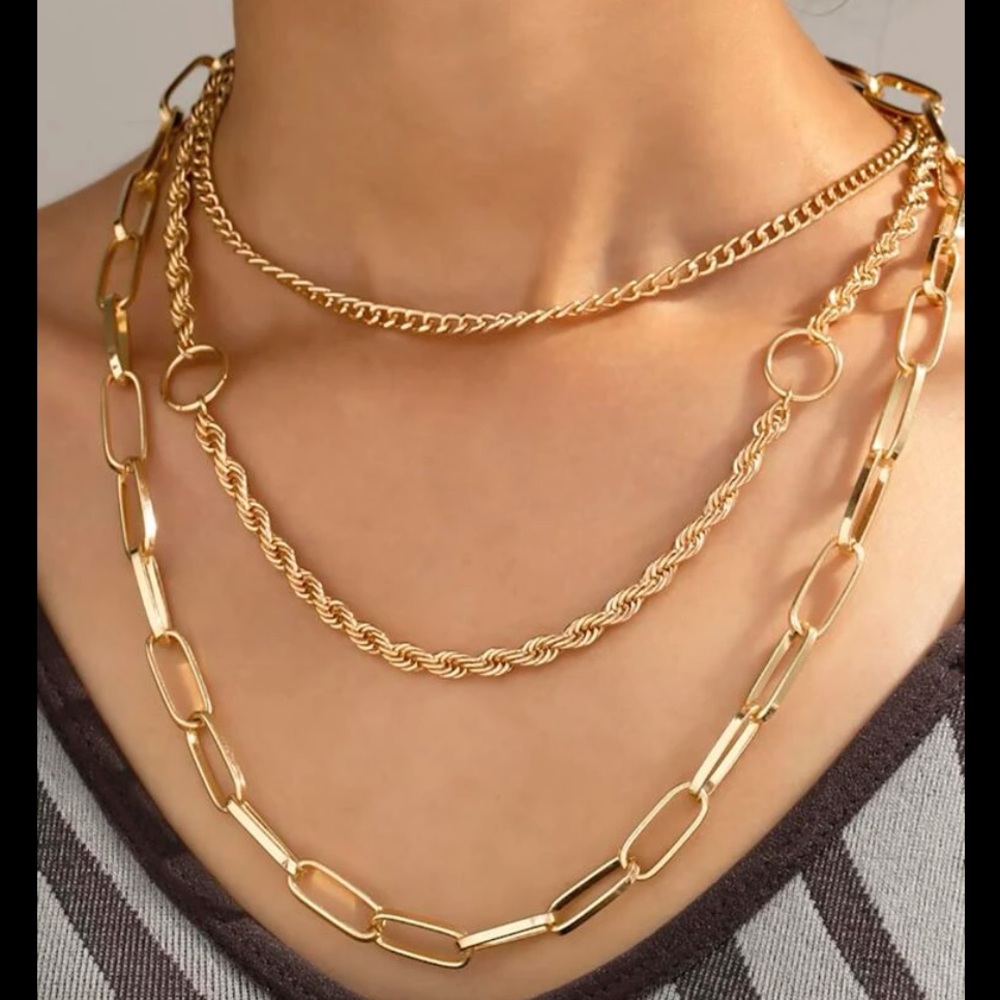 Trendy On Trend Chain Link Twist Chain Triple Layer layering Necklace Gold
